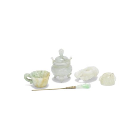 A GROUP OF MINIATURE JADE AND JADEITE CARVINGS17th century and laterComprising: a tripod incense burner and cover; a handled 