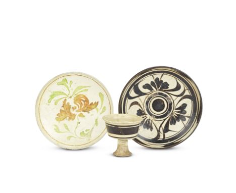 A POLYCHROME DECORATED CIZHOU DISH, A SLIP DECORATED DISH AND A SLIP DECORATED STEM CUPSong / Jin / Ming DynastyThe polychrom