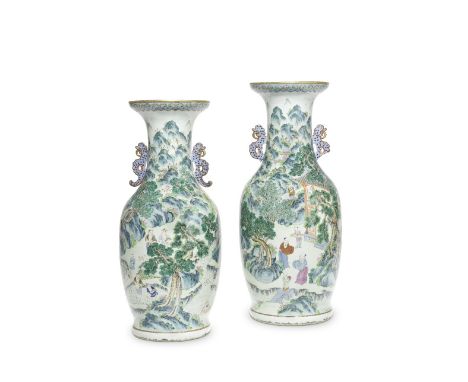 A PAIR OF FAMILLE ROSE 'AGRICULTURAL SCENE' VASESJiaqing to Daoguang Each of baluster form, with a trumpet neck, with a ruyi 