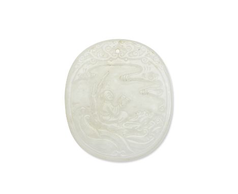 A WHITE JADE OVAL 'SCHOLAR' PLAQUE18th/19th centuryFinely carved in low relief to one side with a scholar on a log raft among