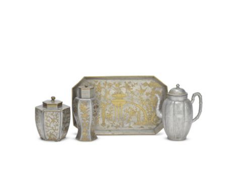 A COLLECTION OF COPPER-INLAID PEWTER TEAWARESKangxi and Qing DynastyComprising: a rectangular octagonal tray inlaid with copp
