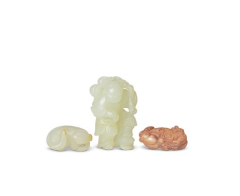 A PALE CELADON 'LIU HAI' CARVING, A WHITE JADE 'BADGER' CARVING AND AN AGATE 'LUDUAN' CARVING18th century and laterThe Liu Ha