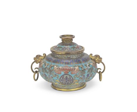 A MINIATURE CLOISONNÉ ENAMEL AND GILT BRONZE INCENSE BURNER AND COVER18th centuryOf lobed form, decorated with bats above sho