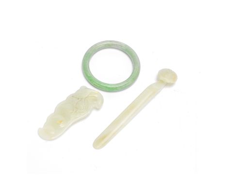 A JADEITE BANGLE, A JADE HAIRPIN AND A PENDANTLate Qing to 20th centuryComprising: a bangle of pale green hue with brighter a