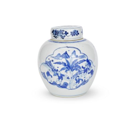 A BLUE AND WHITE JAR AND A COVERKangxiThe globular body painted with cusped panels variously depicting a dignitary riding a q