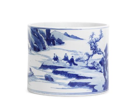 A BLUE AND WHITE 'LANDSCAPE' BRUSH POT, BITONGWenzhang beidou mark, KangxiOf cylindrical form, the exterior painted with a co