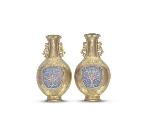A PAIR OF CLOISONNÉ ENAMEL-INSET BRONZE WALL VASES18th centuryEach vase of pear-shaped form with a flat back with an aperture