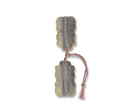 A RUSSET JADE 'TIGER' TALLY, HUFURepublicCarved in the form of a recumbent tiger, the matching halves fitted to each other by