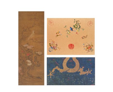 TWO EMBROIDERED PANELS AND A PAINTINGComprising: an embroidery of a bird on a branch, amongst scattered fruiting and blossomi