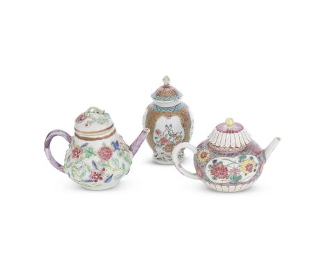 TWO FAMILLE ROSE TEAPOTS AND COVERS AND A TEA CADDY AND COVERYongzhengThe first teapot with a moulded pink and white enamelle