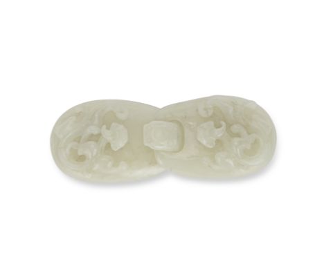A PALE JADE TWO-PART 'CHILONG' BELT BUCKLE18th centuryEach oval section carved in high relief with a sinuous curving chilong,