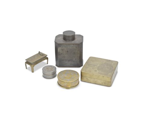 A BRONZE MINIATURE TABLE, A PEWTER TEA CADDY, TWO PEWTER CIRCULAR BOXES AND COVERS AND A LARGE PAKTONG 'TREASURES' BOX AND CO