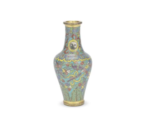 A CLOISONNÉ ENAMEL AND GILT BRONZE TOOL VASEQianlongDensely decorated with bats amongst scattered auspicious objects and a yi