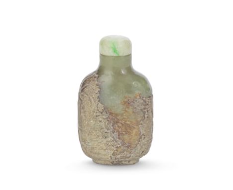 A 'SKIN-CARVED' JADE SNUFF BOTTLE19th centuryOf rounded rectangular form, carved through the skin with  two horses in a tree-