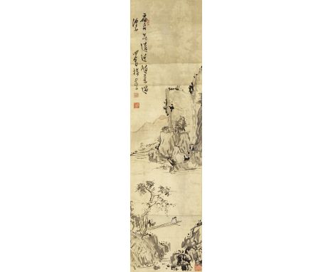 PU RU (1896-1963)LandscapeInk and colour on paper, hanging scroll.92cm (36 1/4in) high x 24cm (9 1/2in) wideFootnotes:溥儒 山水 設