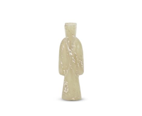 A PALE GREEN JADE FIGURAL PENDANTHan DynastyThe bearded figure standing wearing long robes with wide sleeves, the pale stone 