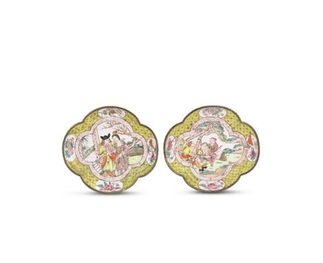 A PAIR OF PAINTED ENAMEL SAUCER DISHESEarly QianlongEach of quatrefoil form, with a central roundel enclosing a scene of Euro