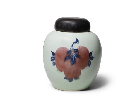 AN UNDERGLAZE BLUE AND COPPER RED CELADON-GROUND JARKangxiThe vase of ovoid shape, decorated with three large clusters of lea