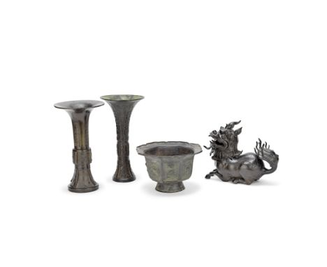 A PAIR OF ARCHAIC STYLE BRONZE VASES, GU; A BRONZE 'QILIN' INCENSE BURNER; AND A BRONZE BASINYuan/Ming DynastyThe vases cast 