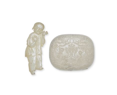 A PALE CELADON JADE 'BOY' PLAQUE AND AN OVAL 'BUDDHIST EMBLEMS' PLAQUEQing DynastyThe figurative plaque carved in relief to d