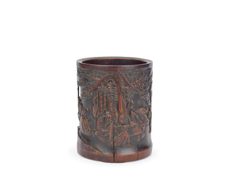 A BAMBOO 'SEVEN SAGES OF THE BAMBOO GROVE' BRUSHPOTKangxiThe exterior finely carved with a continuous scene of the seven sage
