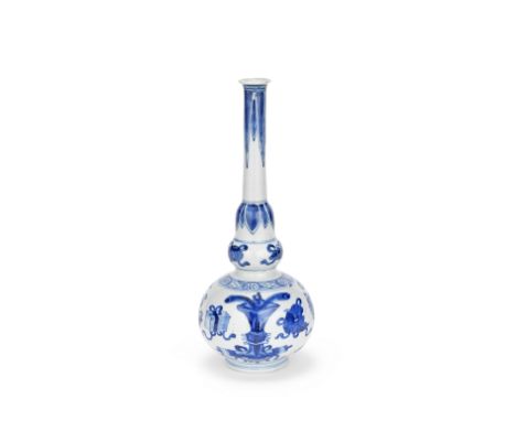 A BLUE AND WHITE LONG-NECKED DOUBLE GOURD VASEKangxi Decorated around the body with antiques and scholar's objects below pend