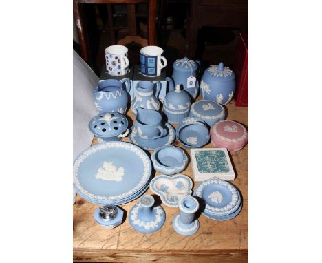 Collection of Wedgwood Blue Jasperware including teapot, biscuit barrel, jugs, plates, etc.