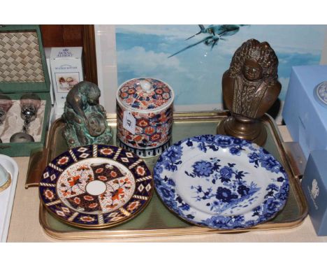 Signed Leonard Cheshire 'Mosquito' print, Imari lidded pot, pair of Devonport plates, Spode blue and white plate, brass Hande