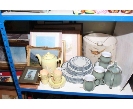 Denby and Royal Doulton tableware, pheasant decorated lamp shade and large collection of paintings and prints.
