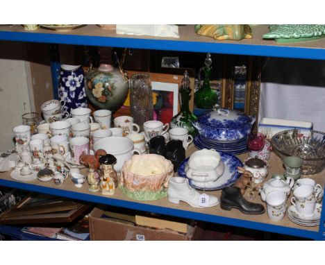 Sylvac bulb bowl, commemorative china, Mary Gregory green glass decanter, two pottery vases, blue and white dinnerware, etc.