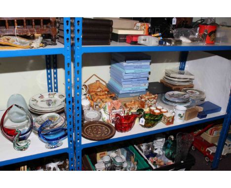 Boxed and loose collectors plates, Cottage Ware teapots, biscuit barrel etc, decorative coloured glass, coffee ware, etc.