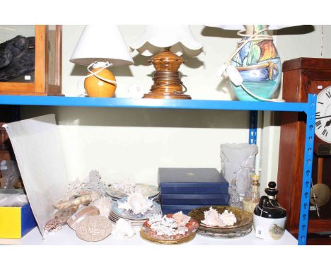 Bradford Exchange and other collectors plates, three table lamps, glass vase and two bells, sea shells and coral, etc.