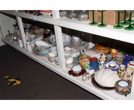 Full shelf of assorted china including Indian Tree tableware, vases, toilet set, vintage Hacker record player, two pictures, 