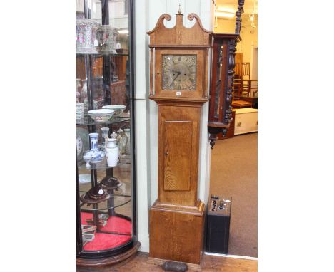 Oak longcase clock having square brass dial, signed Kenyon.