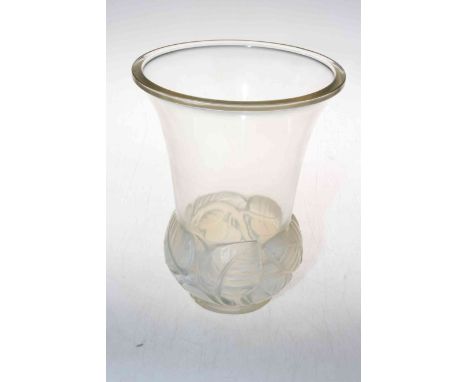 Lalique vase, of trumpet form with opalescent leaf moulded bulbous base, R LALIQUE FRANCE, 24cm.