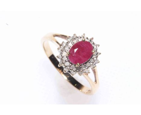 9 carat gold, ruby and diamond cluster ring, size P.