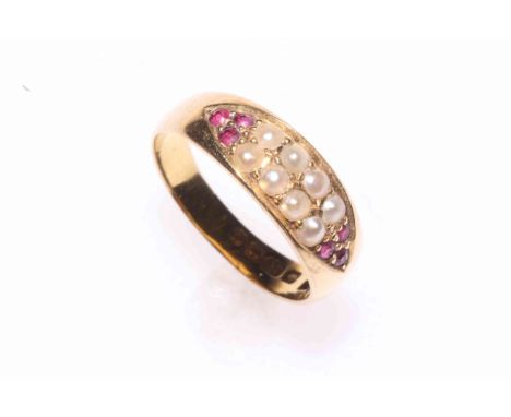 Edwardian 18 carat gold, seed pearl and ruby ring, hallmarked Birmingham 1902, size M.