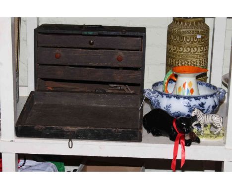 Vintage tool chest and tools, W. German vase, Bretby cat, jug, tureen and Zebra.