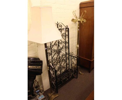Arched top wrought iron plant stand, onyx and brass hallstand and brass reeded column standard lamp and shade (3).