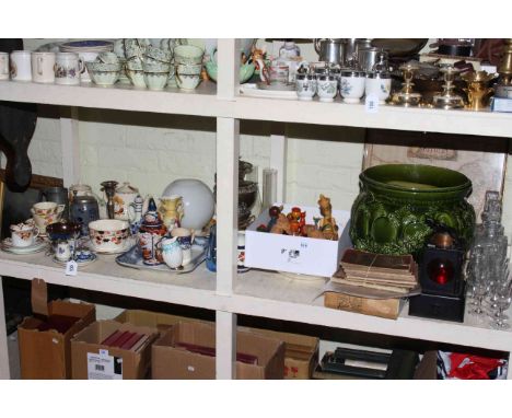 Large green pottery jardiniere, two oil lamps, carriage lamp, pair of glass decanters and glasses, wood figures, framed map o