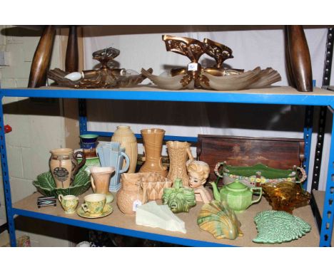 Three gilt metal and glass wall lights, rosewood tray, Sylvac and other jugs and vases, wall pockets, planter, etc.
