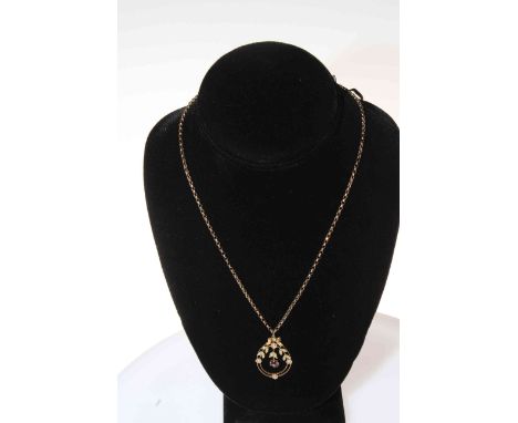 9 carat gold, seed pearl and garnet pendant with chain.