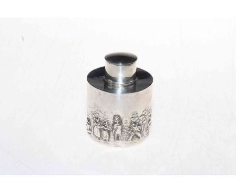 Edwardian silver caddy embossed with figures, Birmingham 1904, 8cm high.