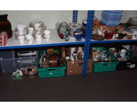 Five boxes of china, glass, kitchen scales, mantel clock, Philips midi system, Royal Doulton figure 'Elyse', Masons caddy, et