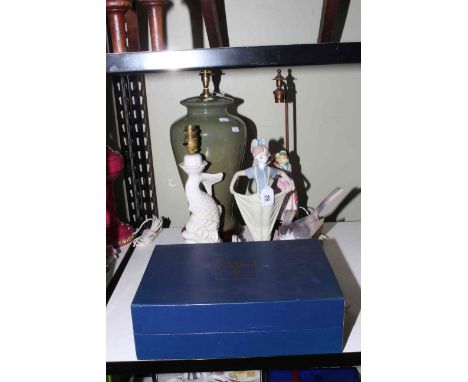 Boxed Royal Worcester coffee cans, three table lamps, Nao figure and Lladro doves (6).