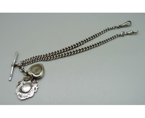 A silver double Albert watch chain, a silver fob and a white metal compass fob, 31g 