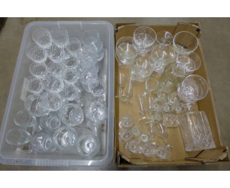 Two boxes of mixed crystal and glass, including brandy glasses, whisky tumblers, wine glasses, sundae dishes, decanter, jugs 