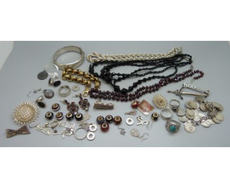 Silver and other jewellery, including a heavy silver rope necklace, 94g, silver bangle, 24g, silver gilt bracelet, 36g, coin 