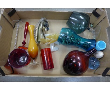 A box of mixed coloured glass, a horse's head paperweight, ruby glass, a glass dove on a branch, onyx egg, etc. **PLEASE NOTE