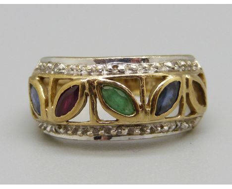 A 9ct gold ring set with coloured stones, lacking one stone, 2.2g, H 